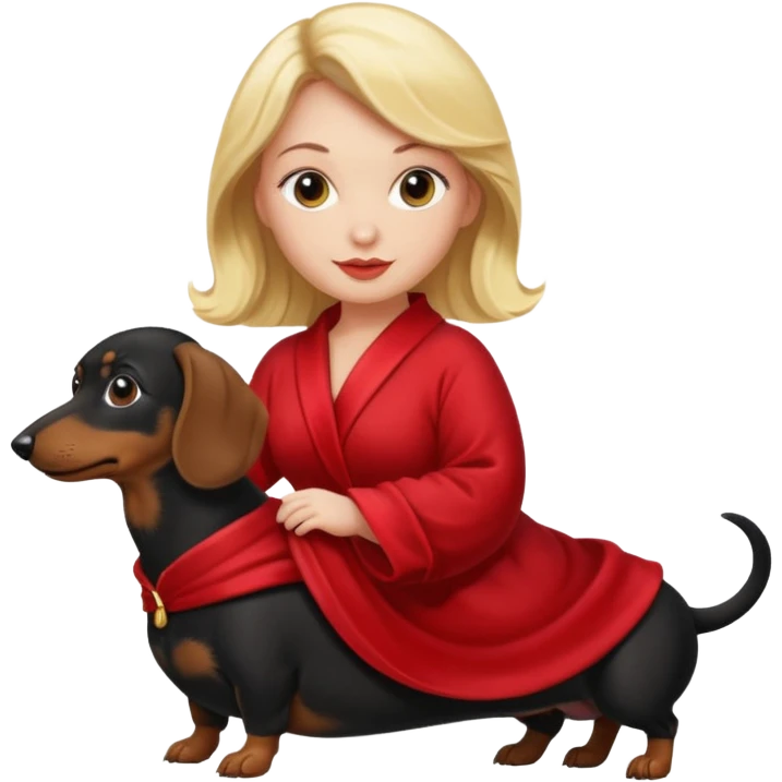 A blonde curvy woman riding on top of a black mini-dachshund wearing a red robe emoji