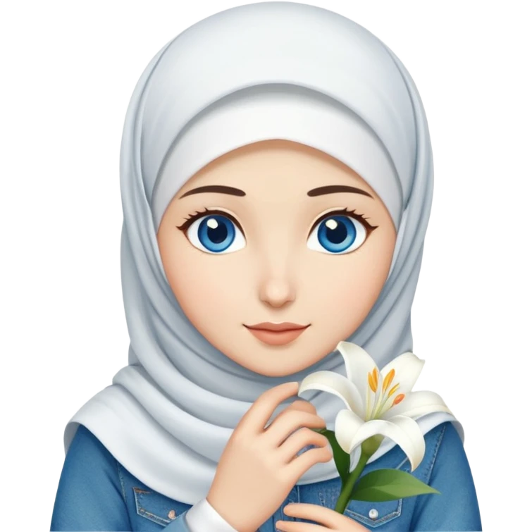 Turkish beautiful finish Konya girl blue eyes with denim and white hijab fresh islamic dress and had on her hand lilys flower  emoji