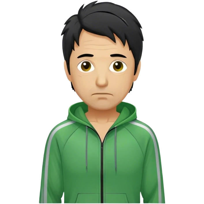 Park is a middle-aged man, around 40 years old, green tracksuit.  His black hair, streaked with strands of gray, is unkempt and damp with sweat. emoji
