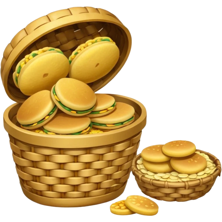 two baskets, one filled with money, another with colombian arepas emoji