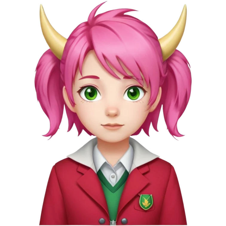 Anya Forger from Spy x Family, cute little girl with pink hair styled with two horn-like tufts, green eyes, cheerful expression, wearing Eden Academy school uniform with red jacket emoji