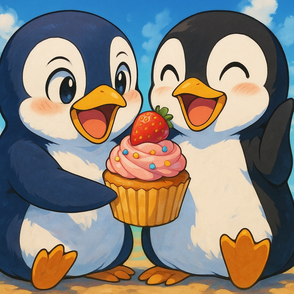 anime style penguin sharing a cupcake with a friend, both looking happy, vibrant colors, expressive faces emoji