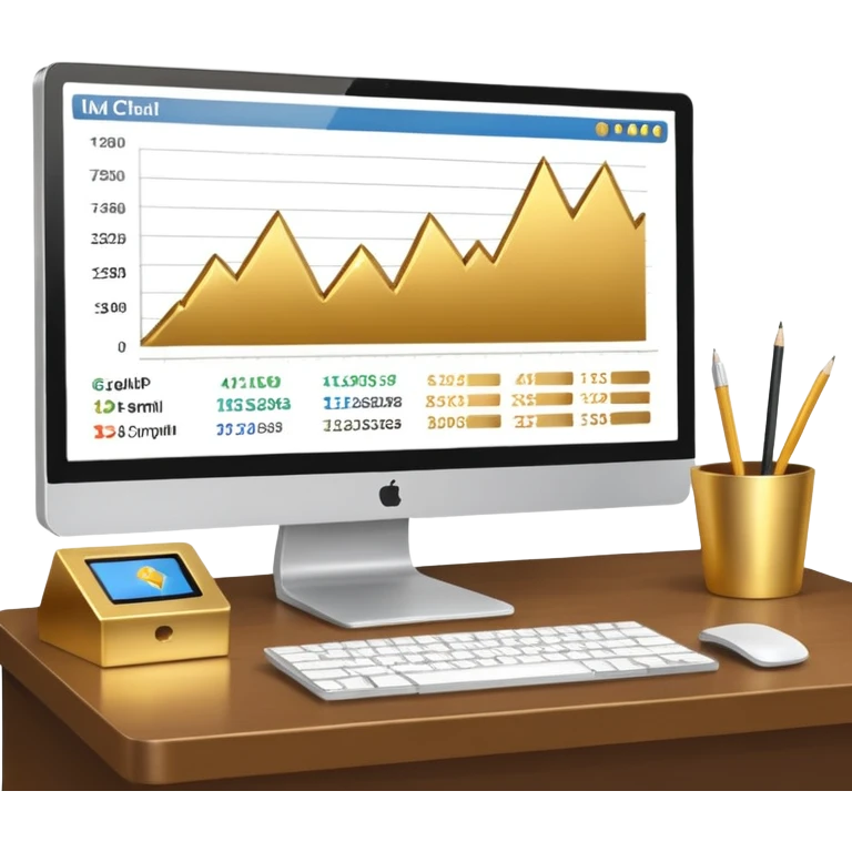 Mach mir einen schreibtisch mit einem bildschirm drauf wo mann einen Chart sieht von Gold emoji