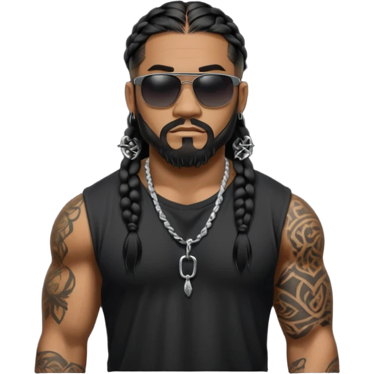 Samoan male. Chin beard 
Untucked loose fitting black t-shirt. 
long black braided hair.
very muscular.
Even More tattoos. 
Tough and menacing.
Dark black square sunglasses. emoji