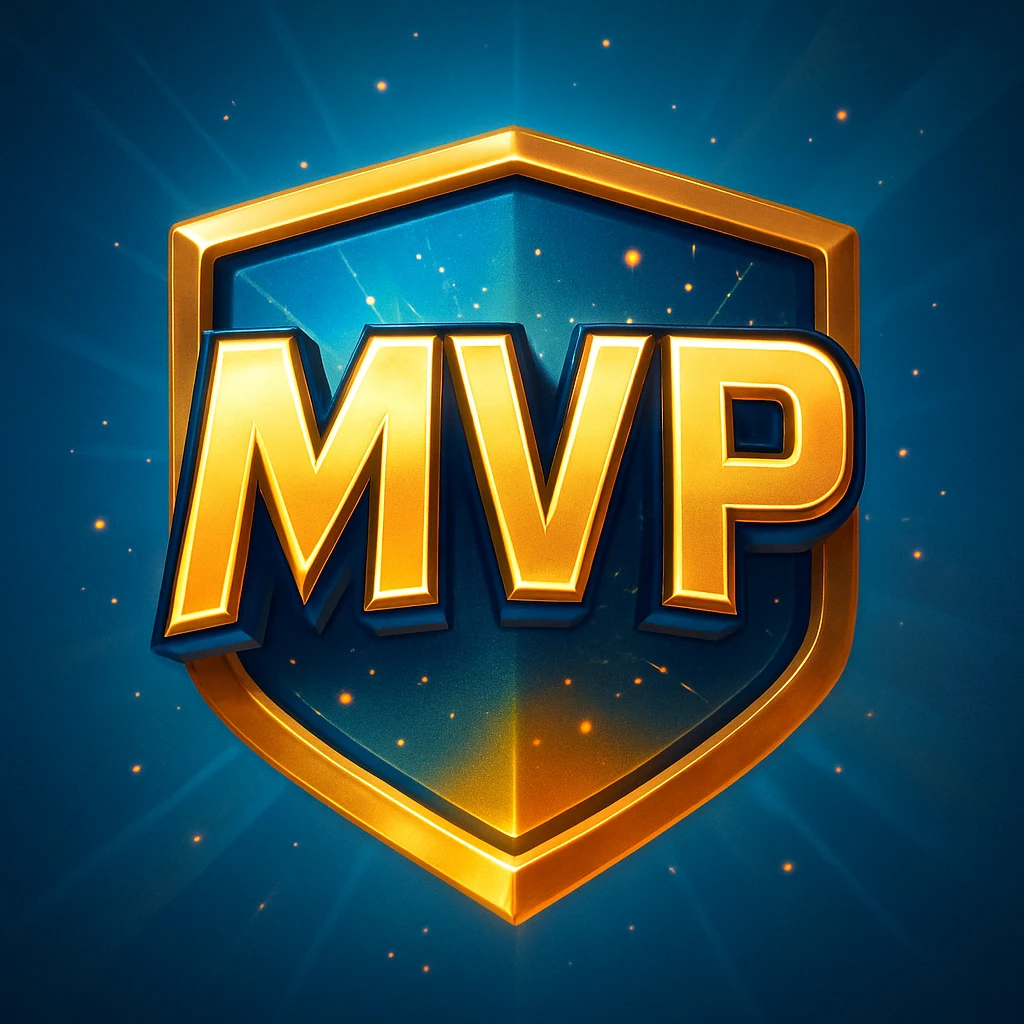 A gleaming, stylized badge with bold, slightly futuristic lettering 'MVP' set against a dynamic, gradient background of electric blue and gold. Small, energetic particle effects emanate from the text. emoji