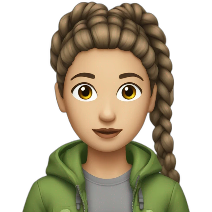 Braiding Ponytail  brown hair, brown eyes, grey tshirt and green puff jacket emoji