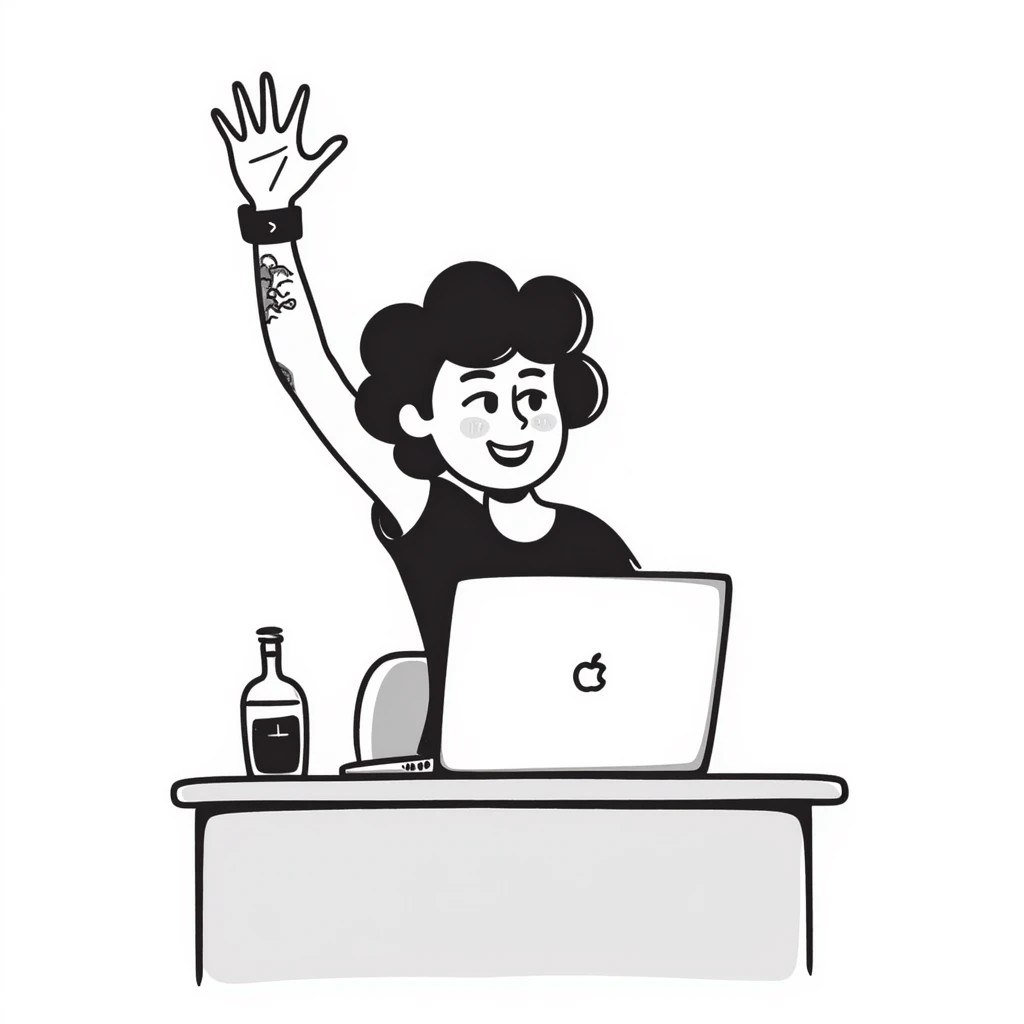 Cool female rockstar musician with arm tattoos and alternative hairstyle, sitting at desk with laptop, raising hand in class, smiling confidently emoji