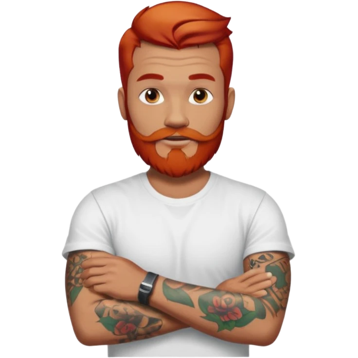a guy with red beard red hair slick back white tshirt and tattoos oldschool on his arms emoji