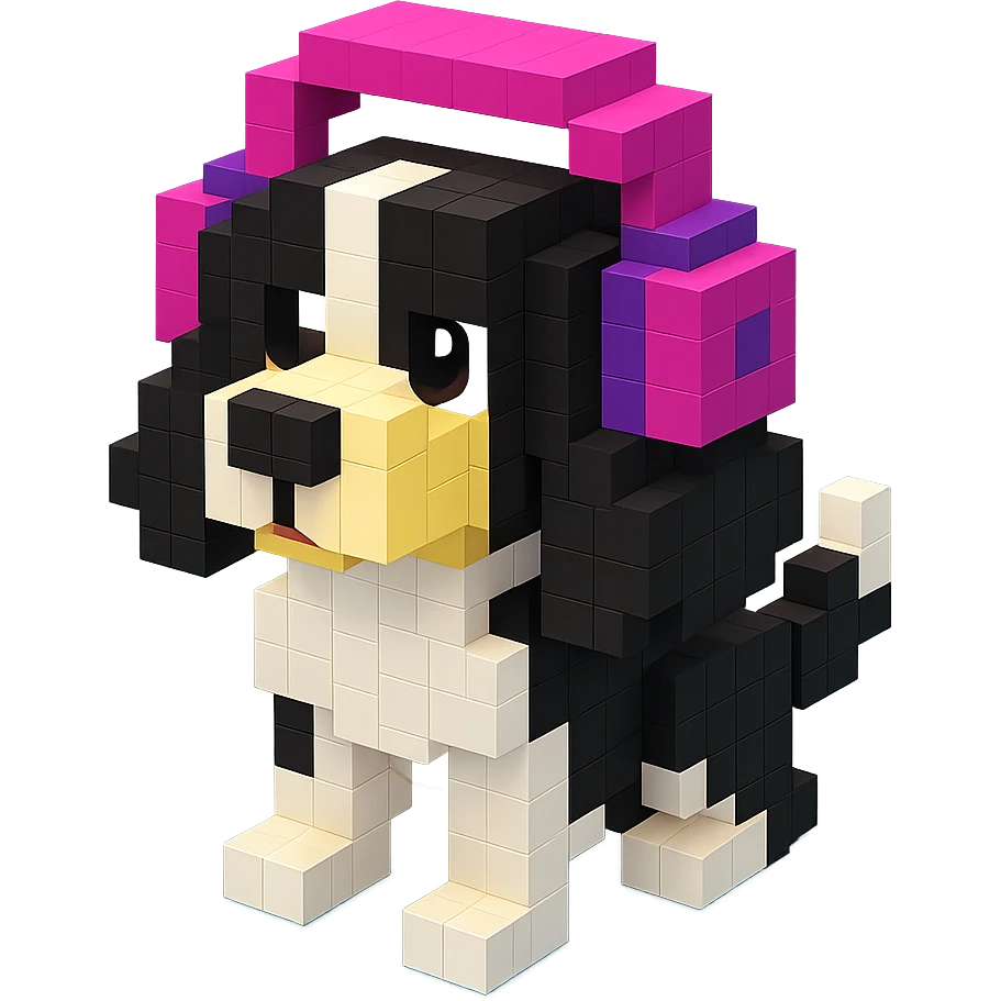 black and white Russian Cocker Spaniel puppy wearing headphones, curious pose emoji