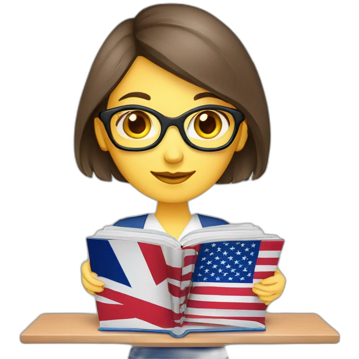 English teacher female with English book with Ukrainian flag  and usa flags emoji