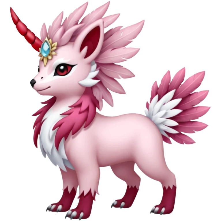 Floral feathery pastel pink and ruby-jewelry-adorned Absol-Amaura-fusion-Fakemon-animal-creature  emoji