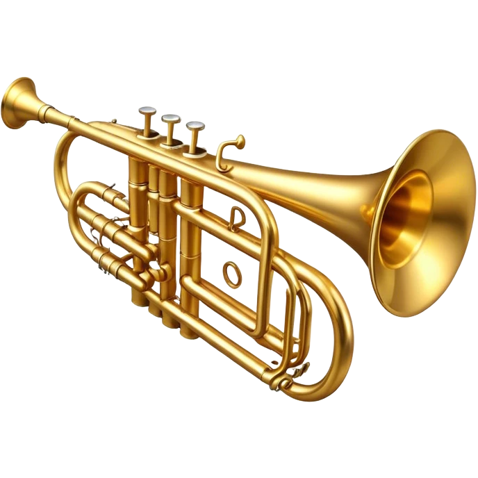 Cinematic Realistic Trumpet, rich golden brass with subtle tarnish marks, soft highlights emphasizing the intricate details, warm reflections of stage lighting bouncing off the metal, glowing with bold and triumphant energy. emoji