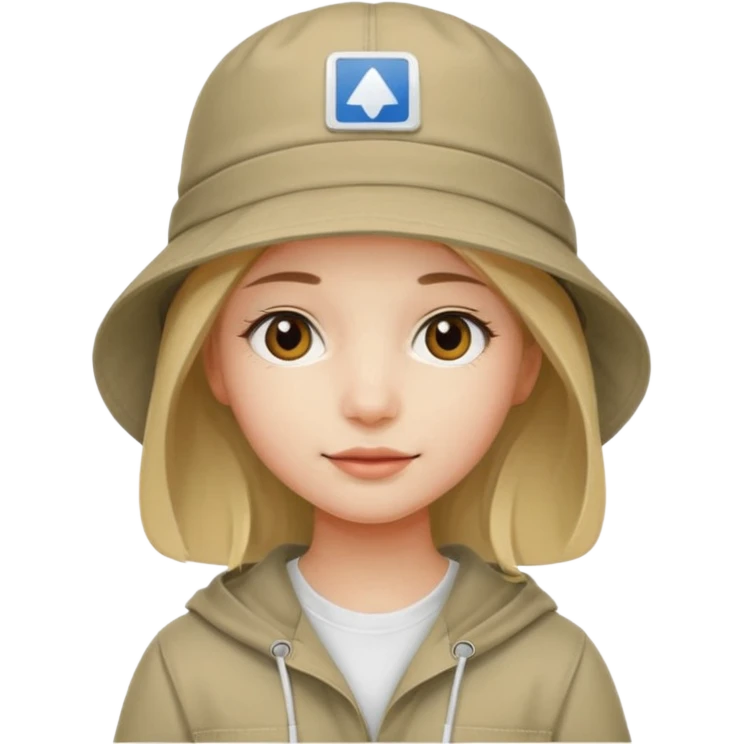 A girl with a khaki bucket hat on her head and a small detail in the form of a white rectangle with the inscription: "вйо до пригод" emoji