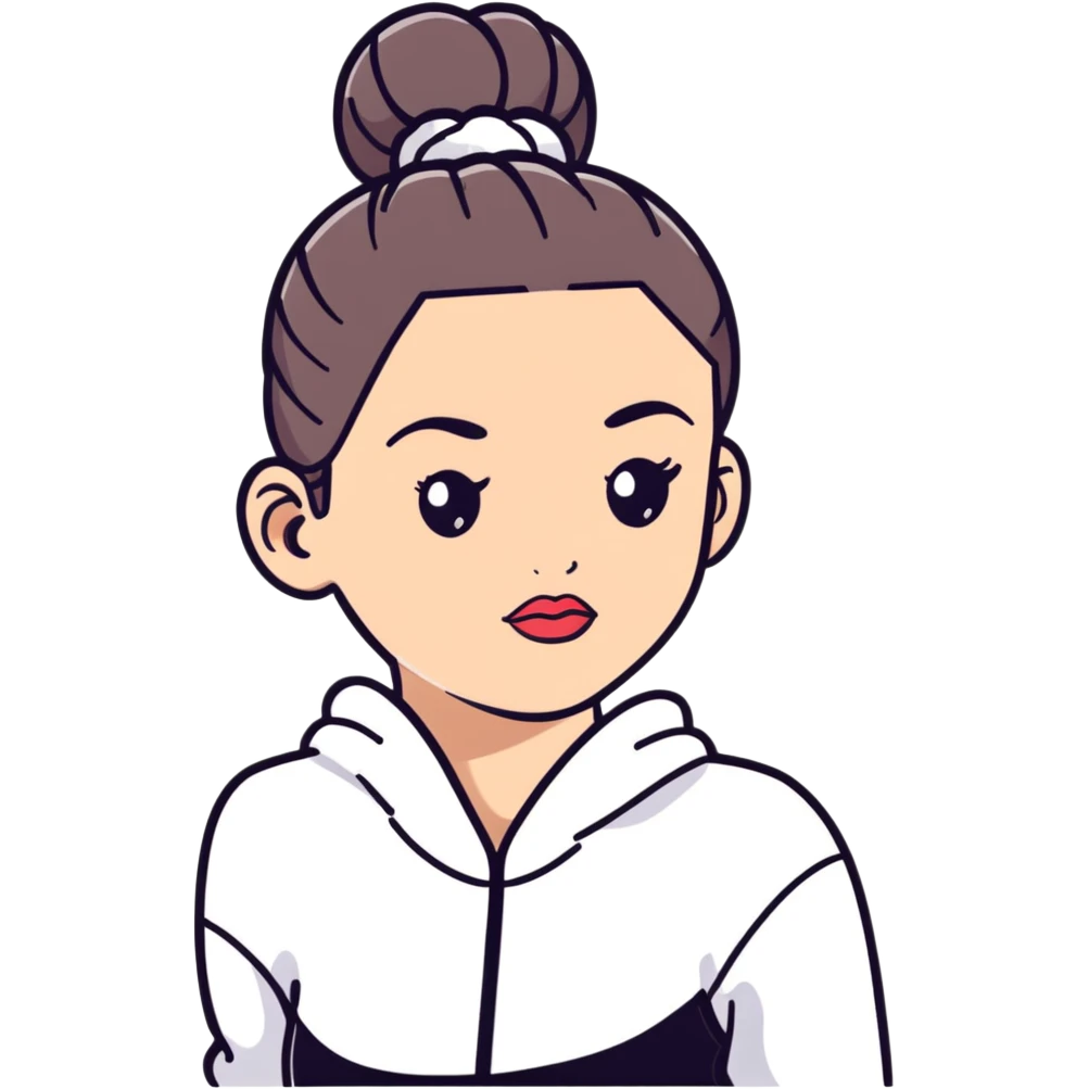 cartoon sticker of a clean girl with dewy skin, glossy lips, hair in a bun, wearing athleisure emoji