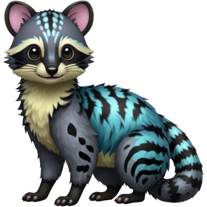 A Colorful iridescent pastel light dark vibrant neon tropical exotic tropical tribal cute happy realistic esoteric patterned fluffy furry dark civet-cacomistle-genet-oncilla-Fakémon-fursona-hybrid-fusion-animal-creature, full body, 4-legged emoji