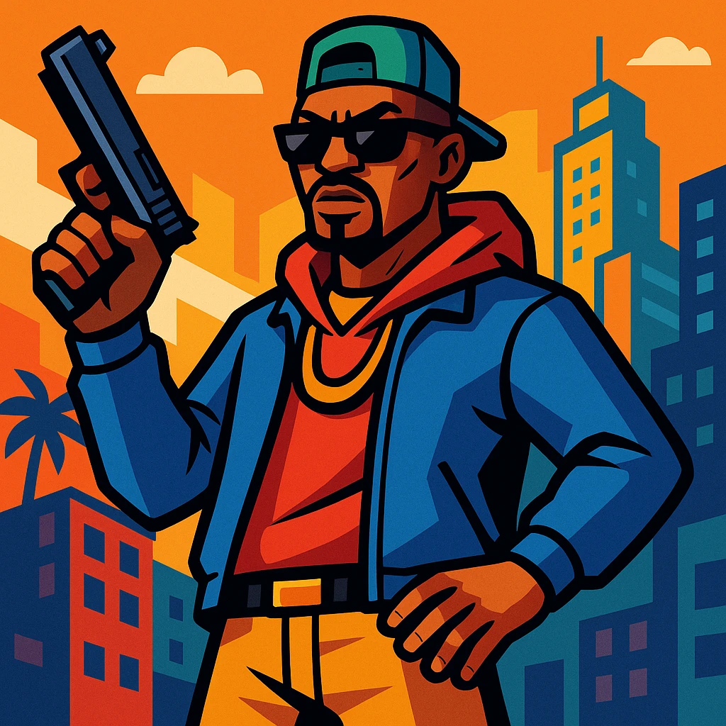 GTA character with a pistol, streetwear, confident pose, city vibe emoji