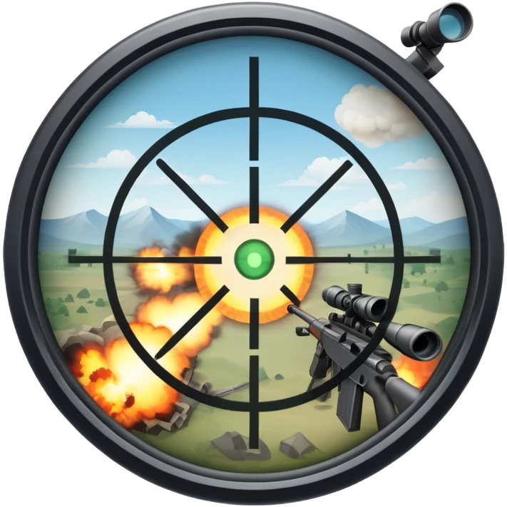 An icon symbolizing first-person shooter games. The design features a circular sniper scope view with crosshairs aimed at a distant target. The background shows a battlefield with soldiers and explosions, capturing the action-packed intensity of FPS games. Transparent background. emoji