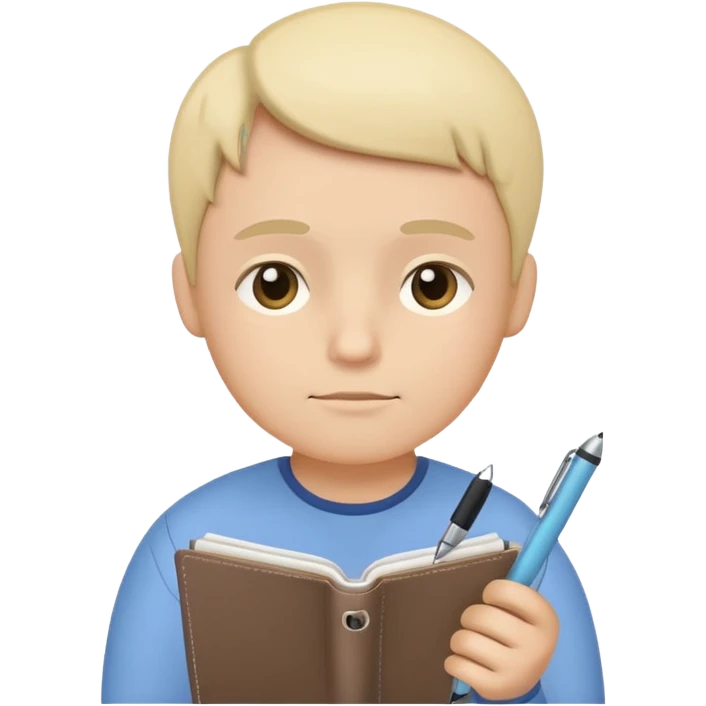 simplified human character holding a notebook and pen, thoughtful facial expression, slightly tilted head, planning life and goals, calm and focused mood, flat custom emoji sticker, pastel colors, rounded shapes, minimal details, thick outline, white background, no text emoji