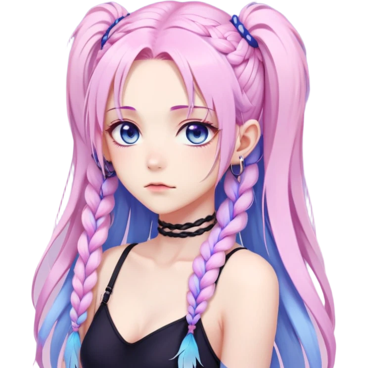 Gorgeous beautiful pretty grumpy anime lady long-pale-whitish-pastel-pink-hair with one braid on each side, hanging gradient-purple-pink feather-ear-cuffs in hair, black bodysuit, blue eyes, pink iris, ethereal, fashion aesthetic  emoji