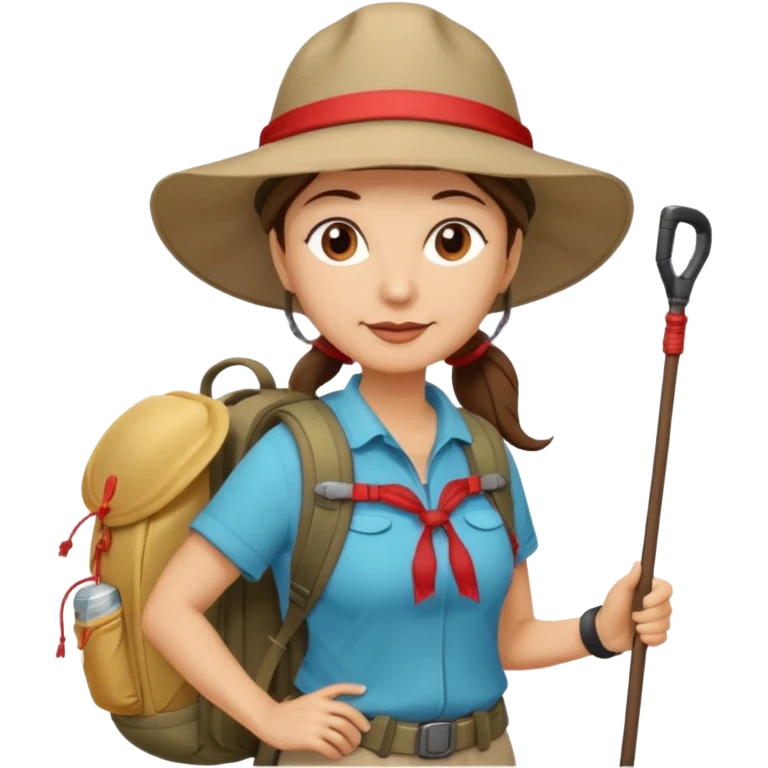 Middle aged women, long brown ponytail with wide brim hiking hat. With backpack and trekking poles. Backpack has a scallop shell with the cross of saint james hanging from it.  Remove the cross and add a scallop shell on a red string hanging from the backpack  emoji
