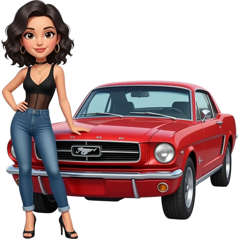 Pale girl with black wavy hair standing on the front left of a red Ford Mustang 1968 coupe. Girl wearing a sheer black sleeveless top with a medium neckline, jeans and heels with visible toes. Right hand on the hood and left hand on her waist. emoji