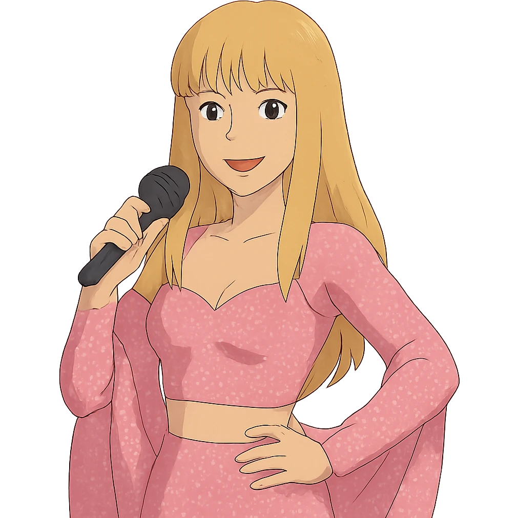 Blonde pop star with bangs wearing a sparkly pink outfit   emoji