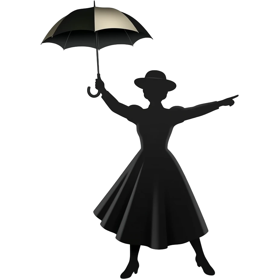black silhouette mary poppins style female in straw boater hat, old victorian dress holding umbrella up high with hand above head and feet pointing out forwards emoji