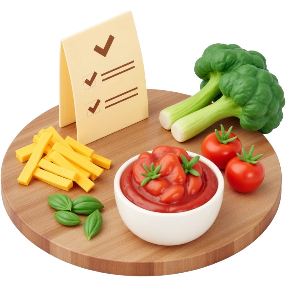 Ingredients on teh wooden cutting board with floating list with check box emoji