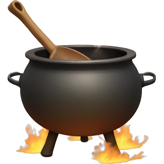 smoldering cauldron with wooden spoon sticking out of the top. the cauldron is filled with a hazy fall color substance. the cauldron has 2 solid looking feet and its cast iron emoji