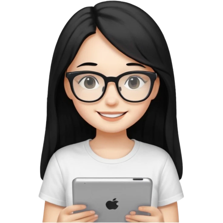 Long black hair girl in a white T-shirt and black square glasses smiling studying with an Ipad. emoji