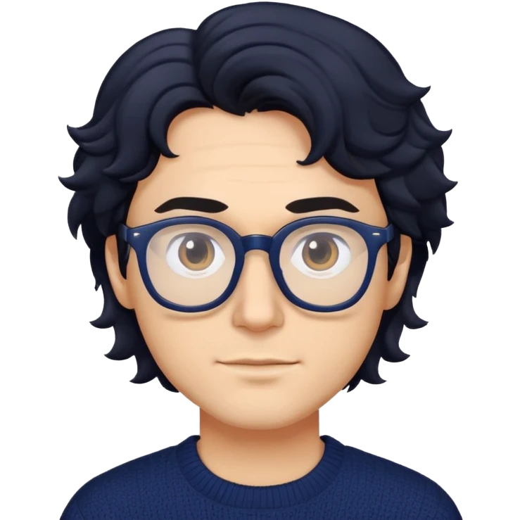 Man with wavy black hair in a comfortable navy blue sweater and glasses emoji