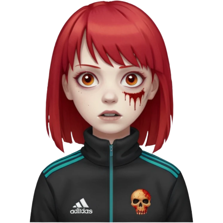Crie um emoji de uma menina com o cabelo vermelho com uma franja reta zumbi casaco de gola alta da adidas emoji