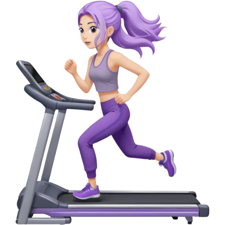 Девушка белокожая на беговой дорожке, с длинными светло-лиловыми волосами, в лиловом топе, в серых спортивных штанах, с черными ресницами emoji