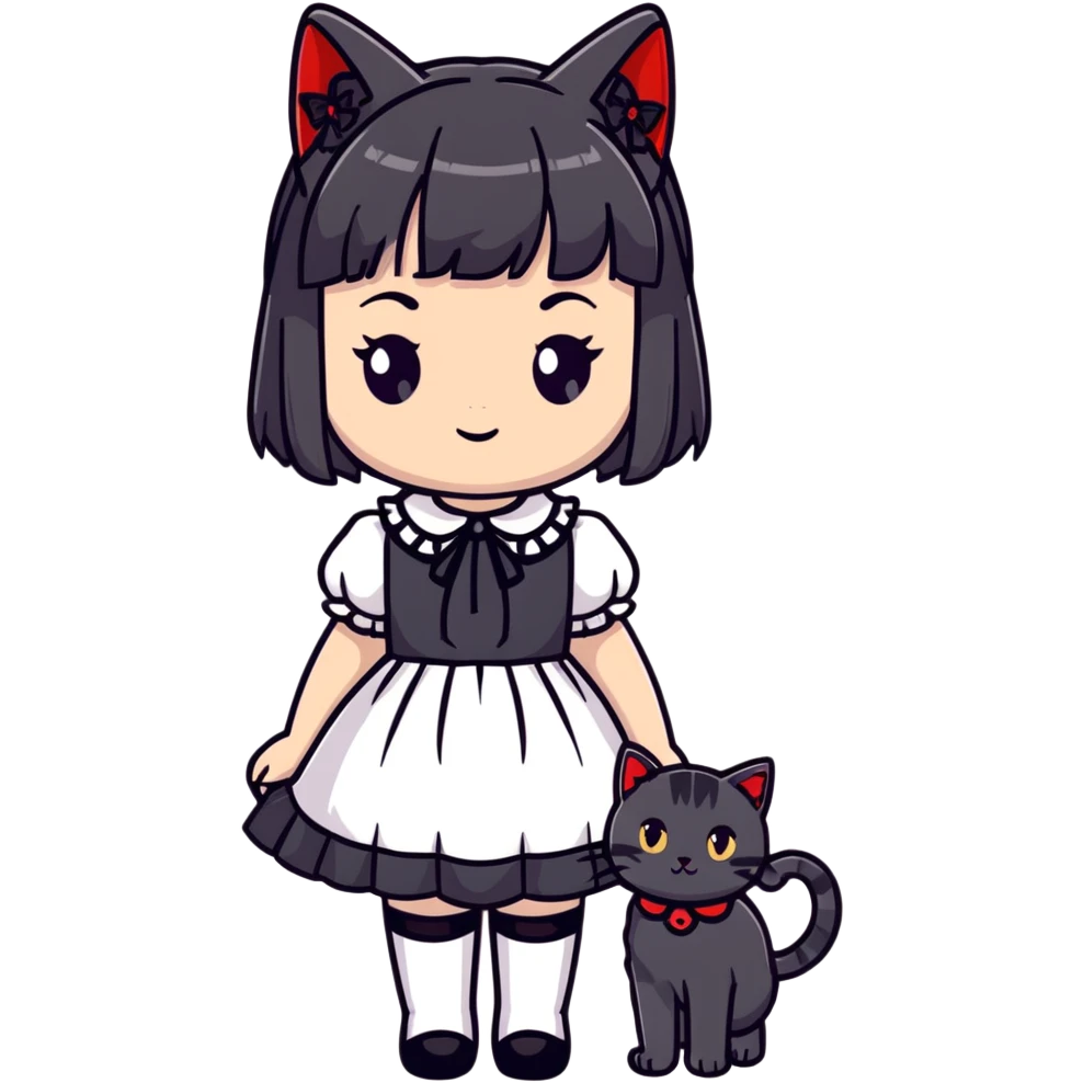 girl wearing black Lolita style dress, with medium-length black hair with red tips, and a black American Shorthair tabby cat emoji