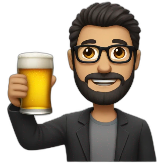Man With black glasses, Brown hairs and Henriquatre beard, who hold a Beer in the Hand and makes cheers  emoji