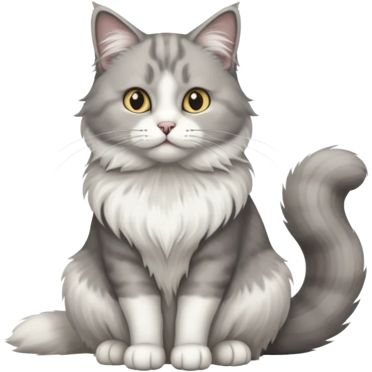 a very fluffy big grey and white cat sitting regally emoji