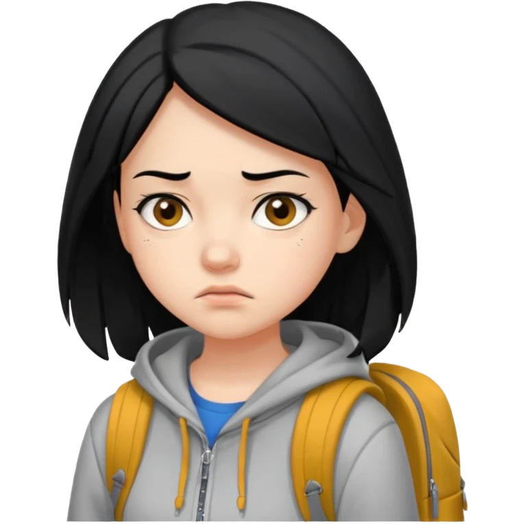 college student with annoyed face , black hair , with hoodie and backpack , girl emoji