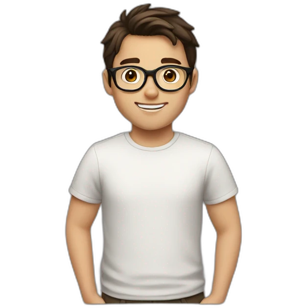 white boy with dark brown hair with circle brown glasses and a smile emoji