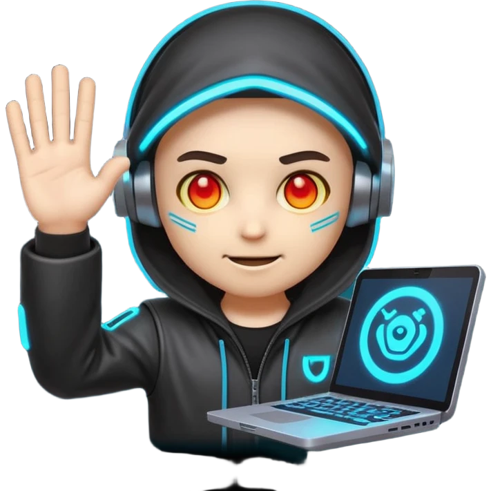 Chibi cyberpunk hacker emoji with glowing eyes, shaking head “no” and waving stop hand, friendly anti-scam message, text “NO SCAMS”, smooth looping animated sticker, bright neon colors, transparent background, Discord emoji style. emoji