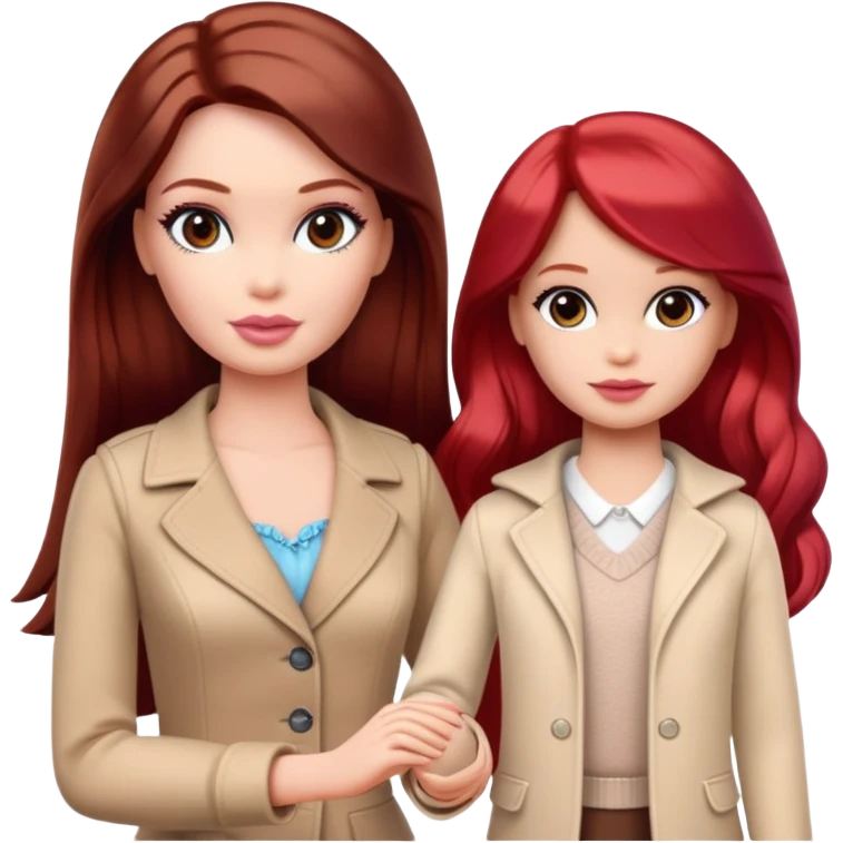 A barbie girl with makeup with dark brown hair long with a baby, a daughter, a girl with red hair, holding her hand in beige clothes emoji