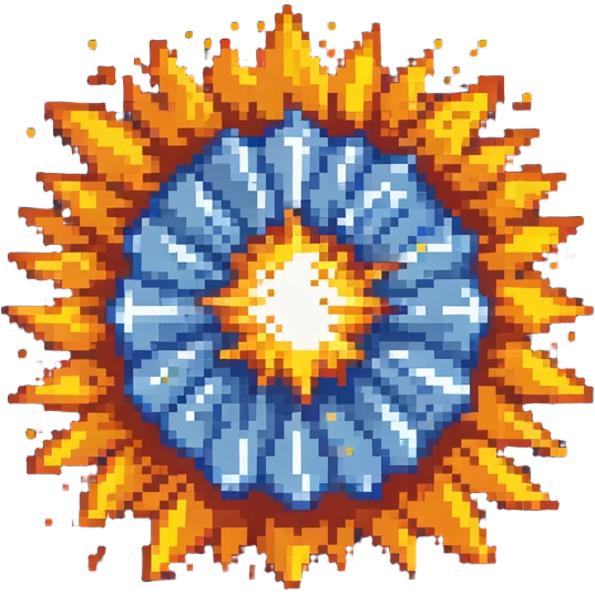Bomberman explosion center tile animation frame 1, slightly smaller bright fiery explosion core, yellows and oranges, clean pixel art edges, beginning of explosion emoji