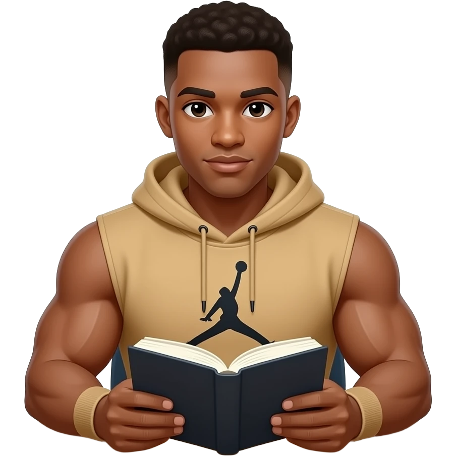 make me a 22 year old black skin colored man with a thick brown low taper fade with a jordan tan hoodie and he has a book infront of him looking at me sitting at a table and i can only see his higher half big muscles too emoji
