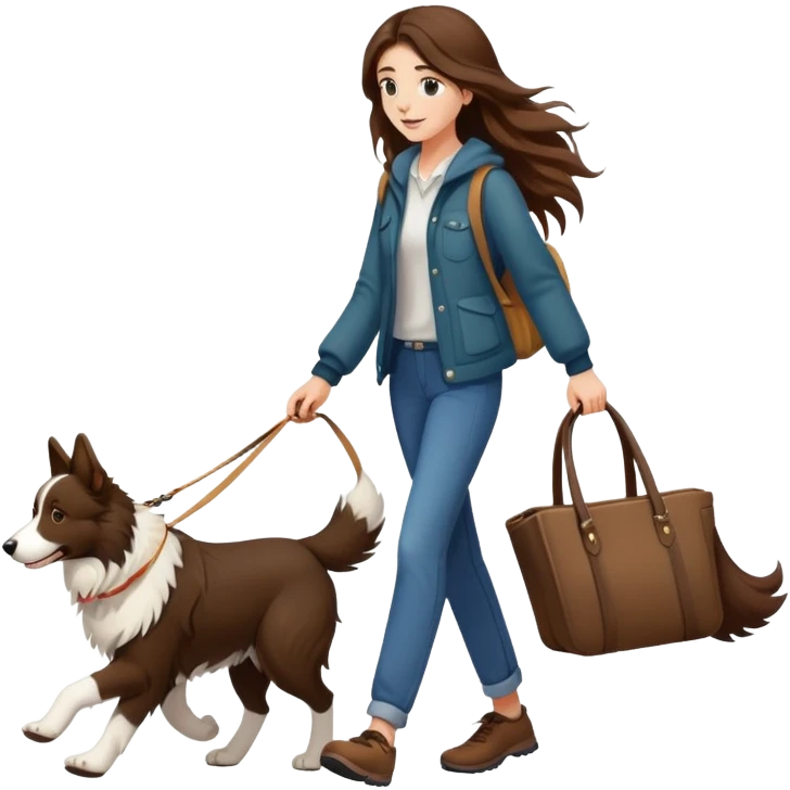 A beautiful girl with long brown hair walks a Border Collie emoji