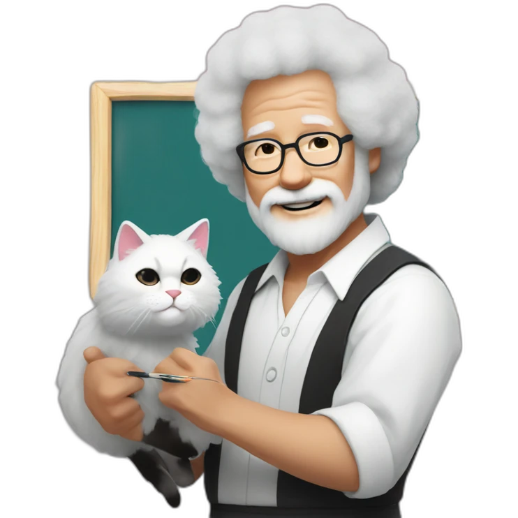 bob ross with white hair painting a cat with a japan themed colored fur emoji