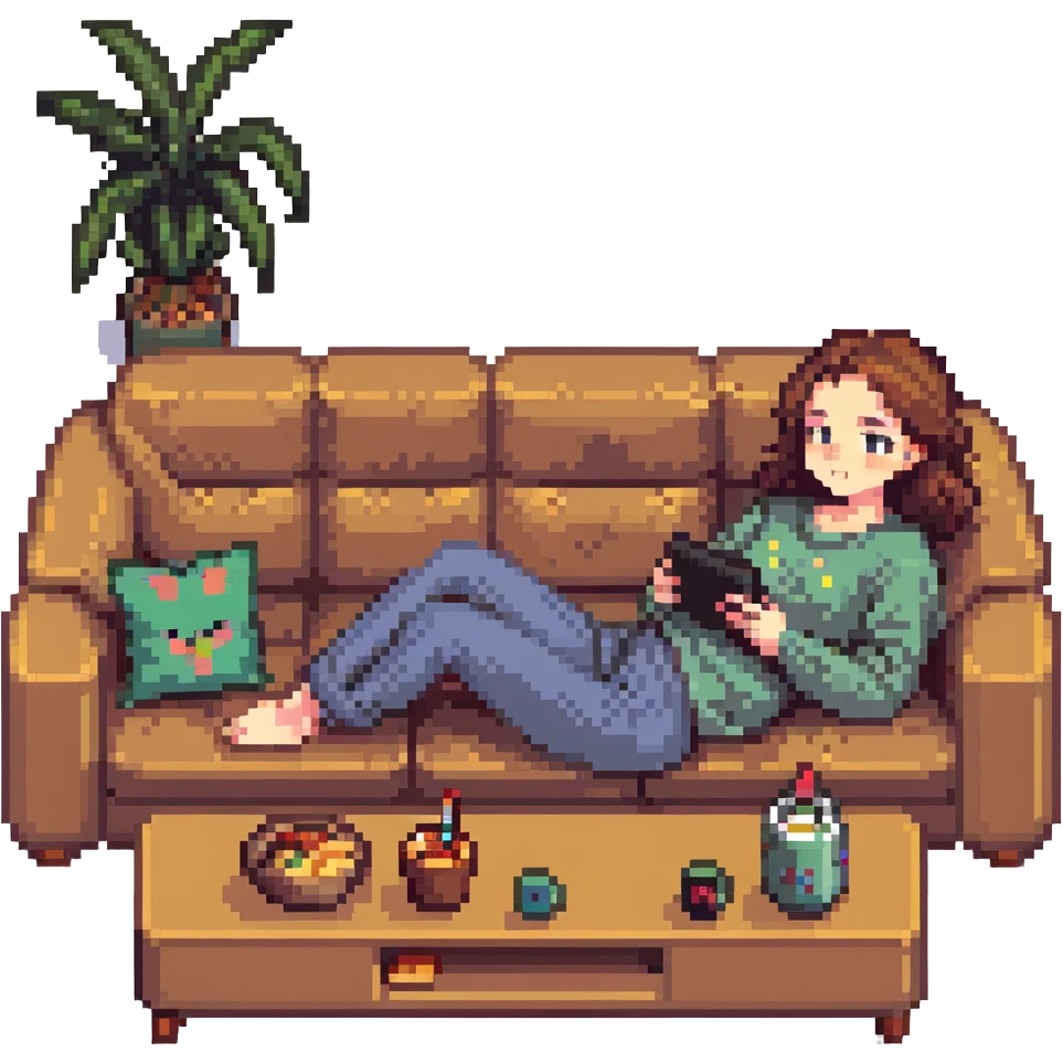 lazy girl lounging on a couch, watching TV and eating snacks emoji