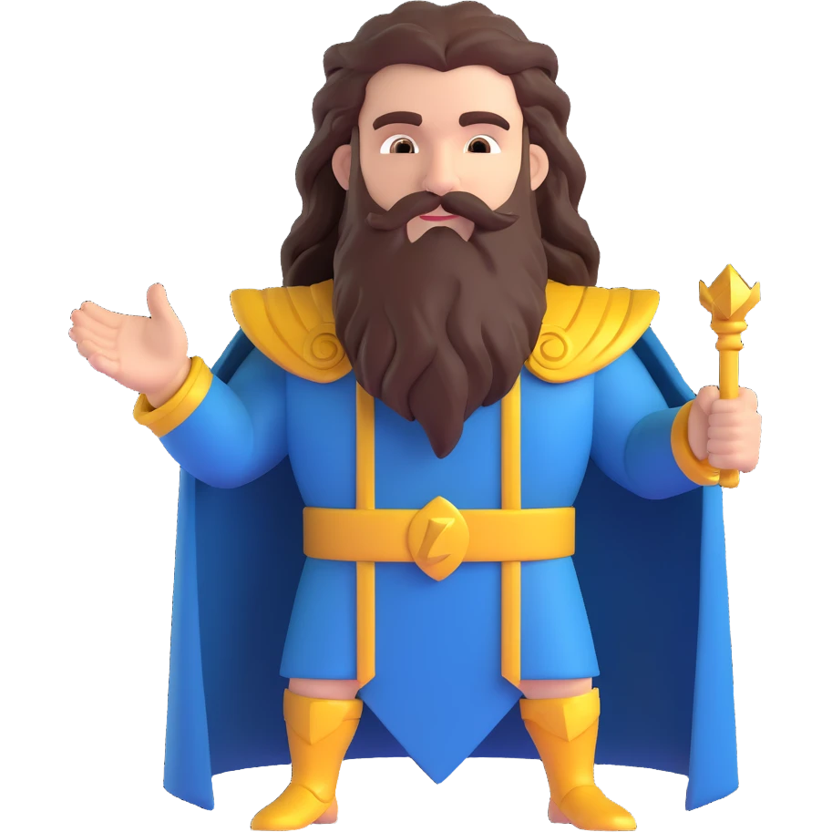 Zeus, the Greek god, with his beard, long curly hair, and regal attire, holding a lightning bolt emoji
