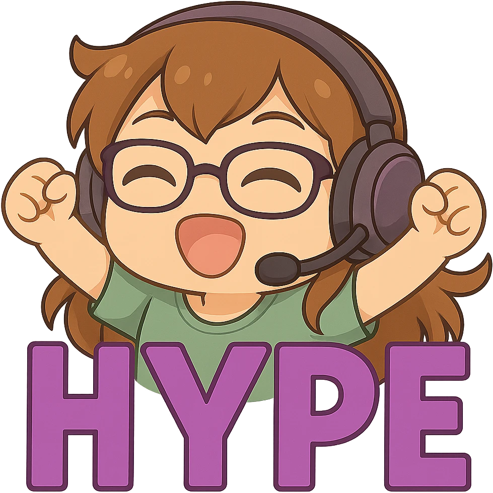 Make the headset purple and add glasses to the girl, keeping the HYPE purple letters, chibi style, and energetic expression. Transparent background. emoji