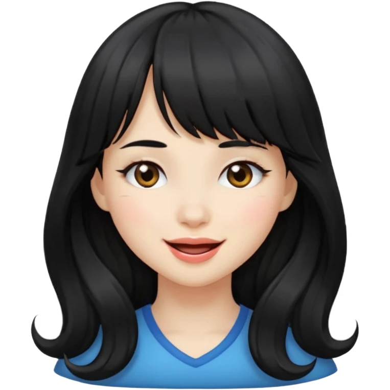 girl with long wavy black hair, straight bangs, white skin, winking emoji