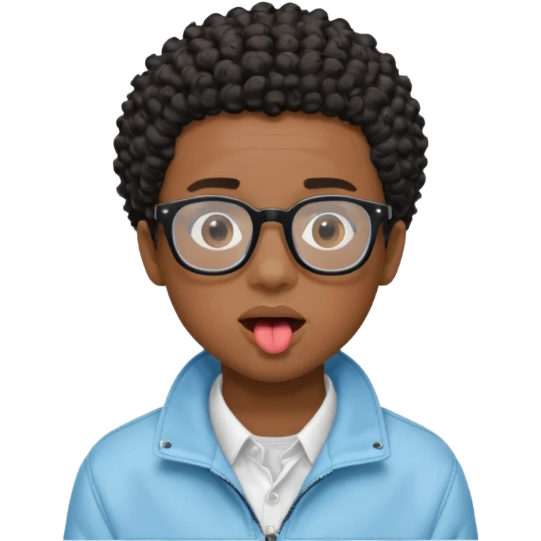 A dark-skinned boy with short curly hair, wearing square black-framed glasses, is sticking out his tongue and is wearing a light blue jacket. The figure is seen from the shoulders up. emoji