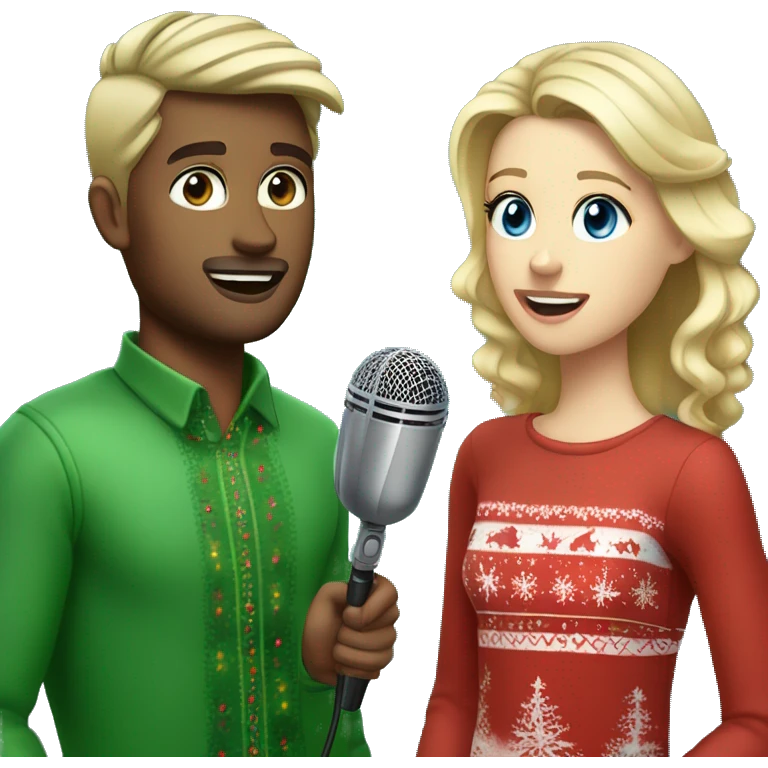 Brown-haired, blue-eyed male wearing  Christmas clothes with blonde-haired, green-eyed female wearing Christmas clothes, whilst talking into a microphone for a podcast emoji